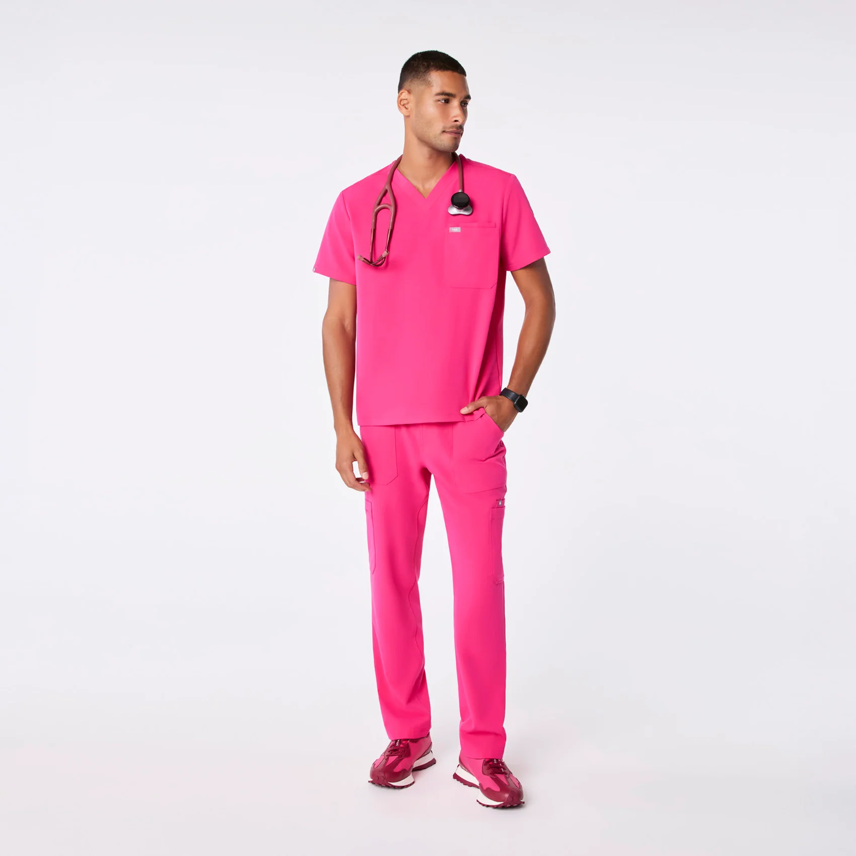 men's Shocking Pink Leon - Three-Pocket Scrub Top™ - Image 2