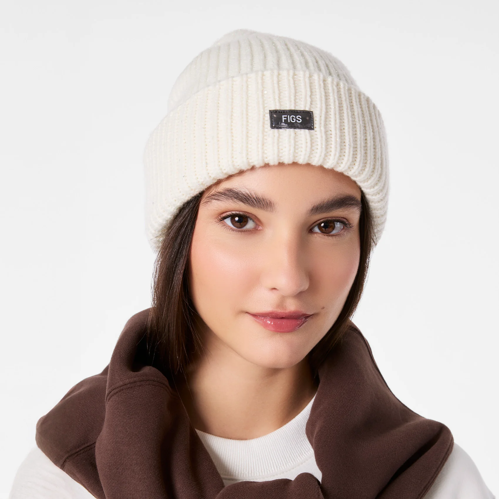 Off White Shimmer FIGS Logo Beanie - Image 3