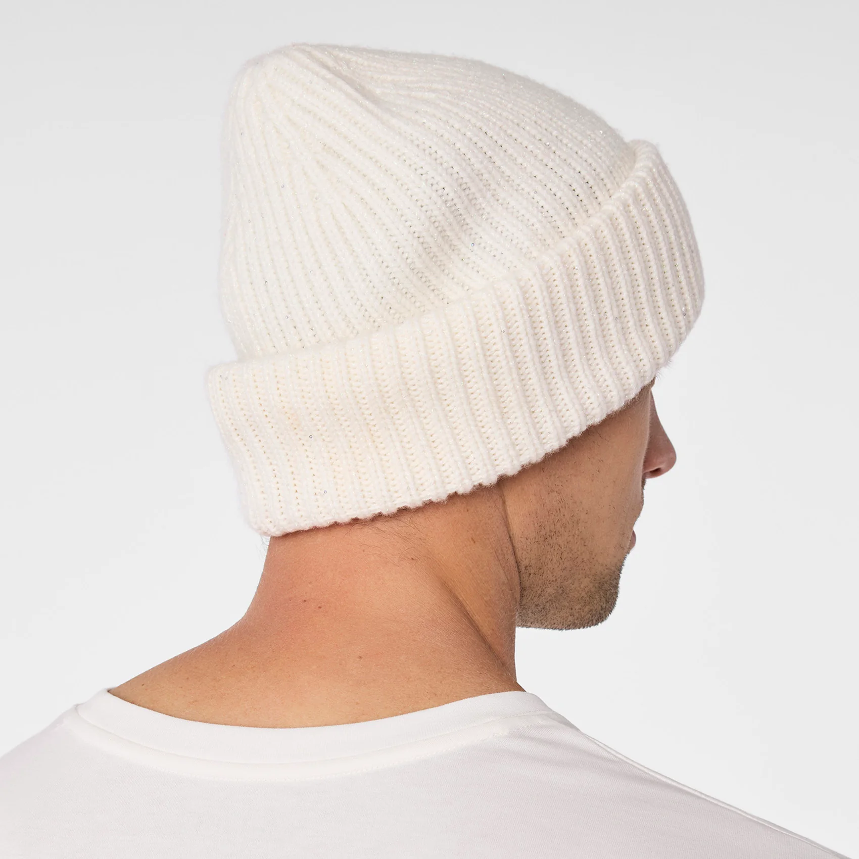 Off White Shimmer FIGS Logo Beanie - Image 4