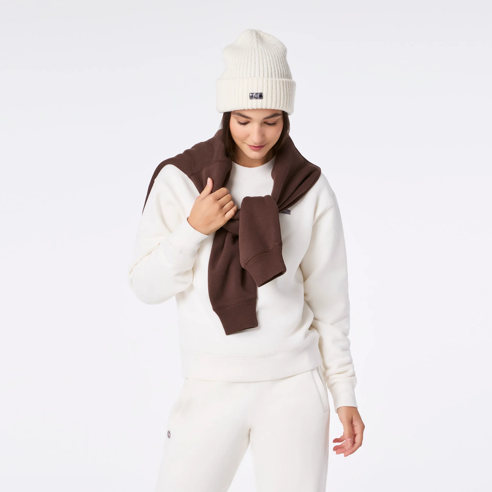Off White Shimmer FIGS Logo Beanie - Image 5