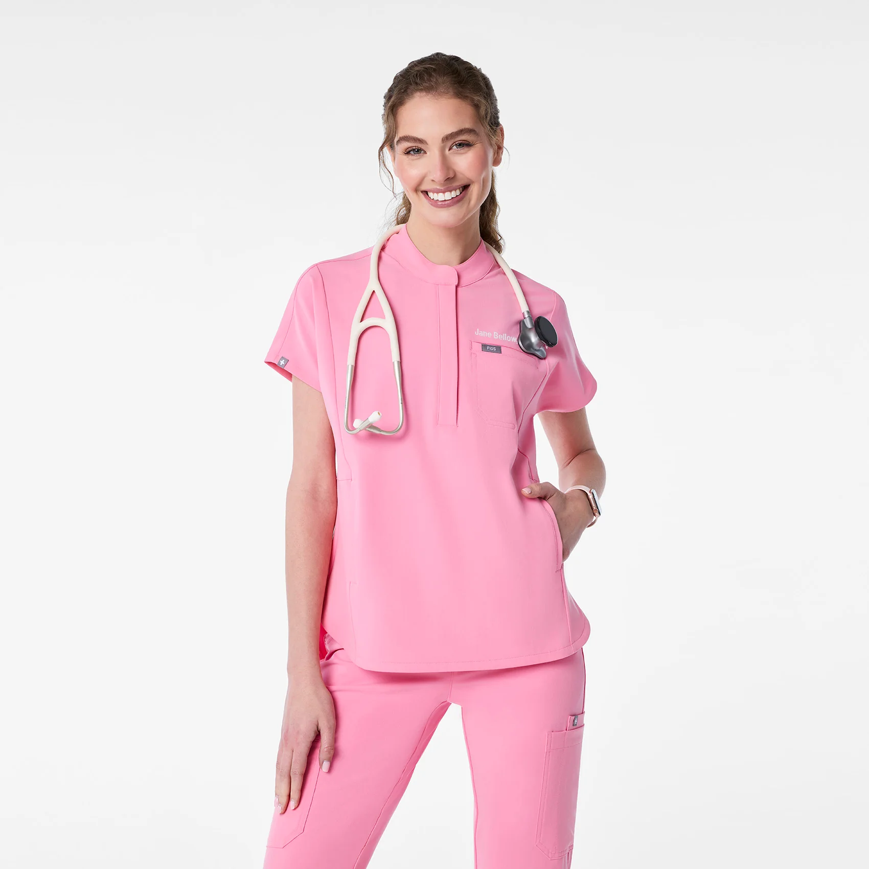 women's Sunrise Pink Montex - Mock Neck Scrub Top