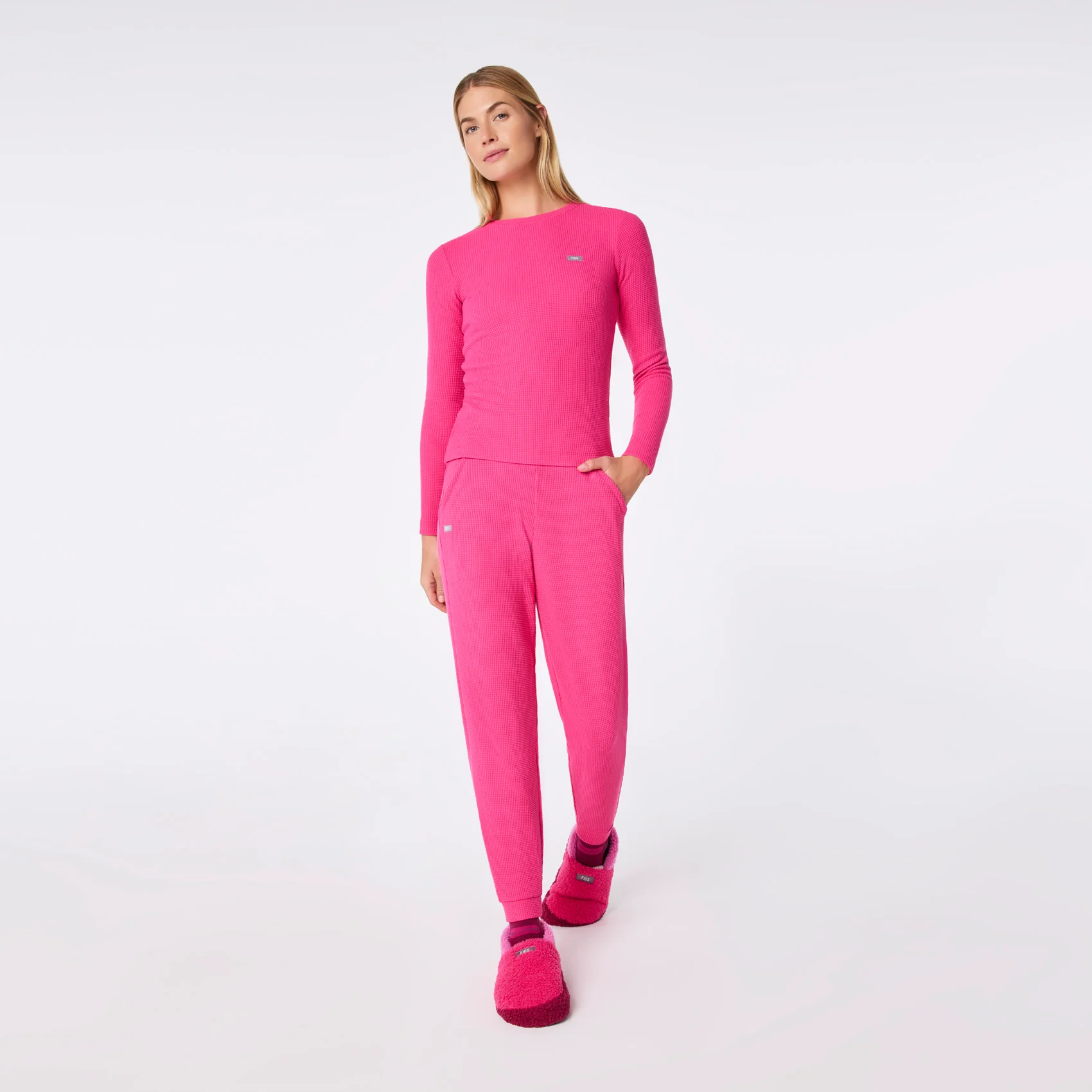women's Shocking Pink Off-Shift Waffle - Crewneck Top™ - Image 3