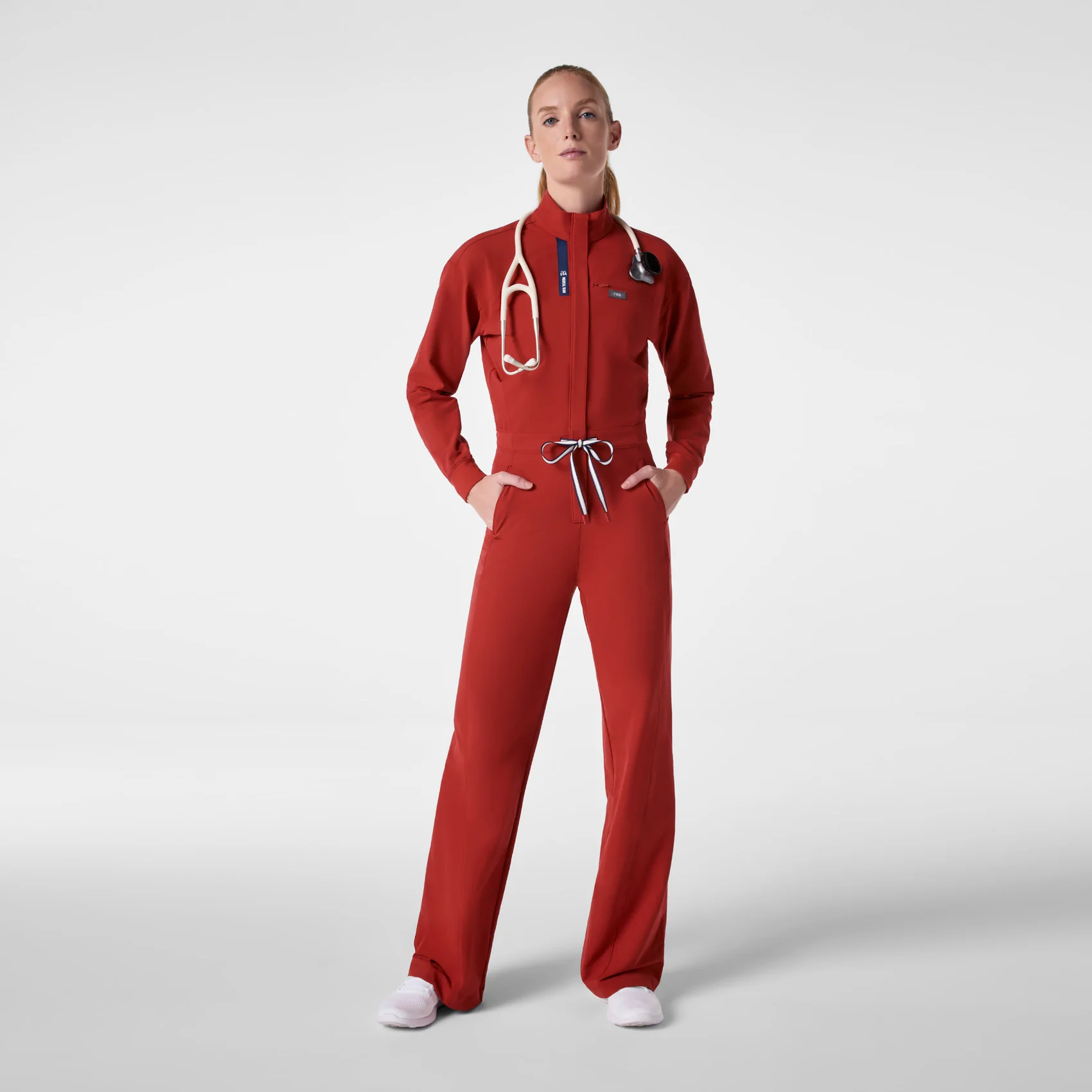 women's Team USA Red FIGS x Team USA FIBREx Mock Neck Wide Leg - Petite Longsleeve ScrubJumpsuit™
