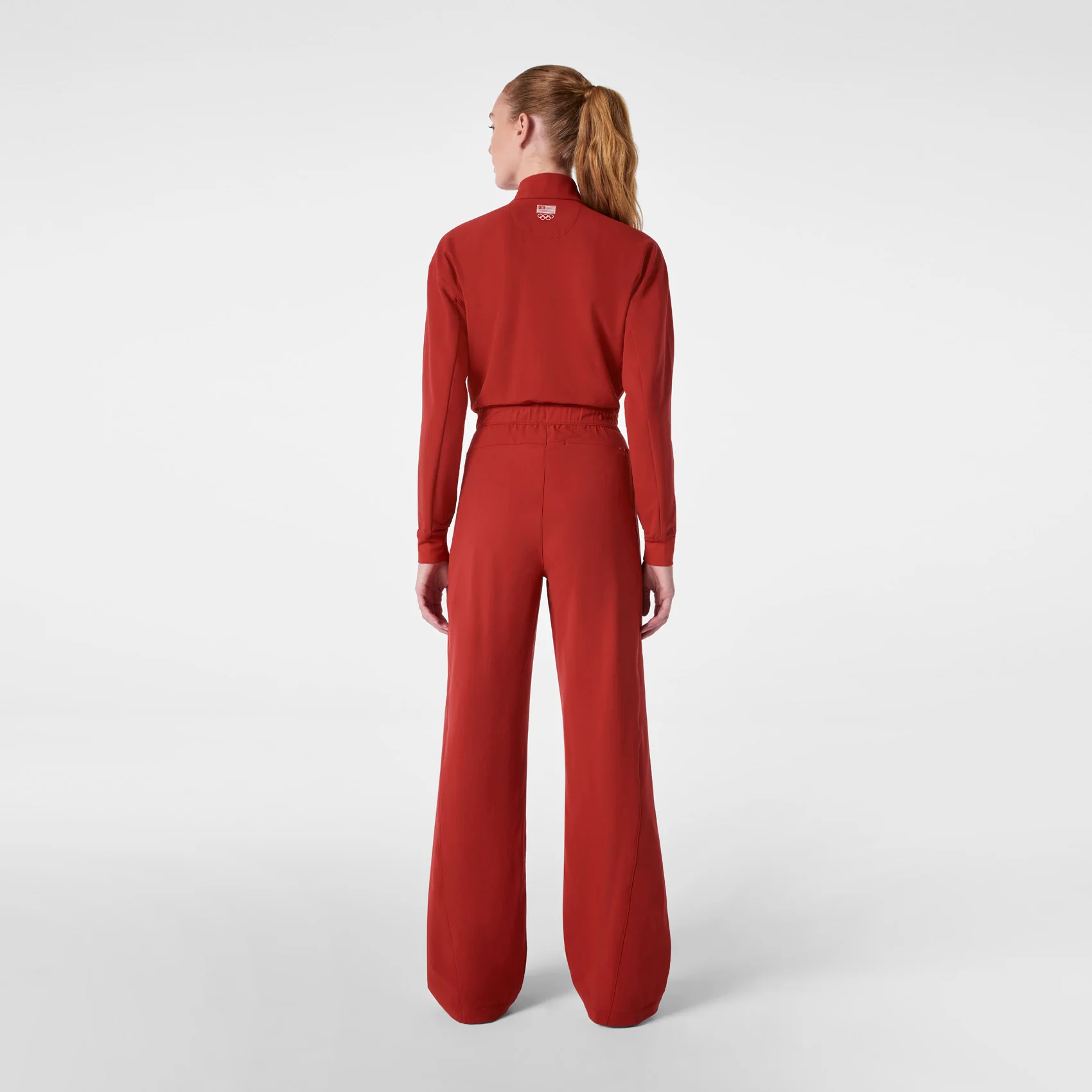 women's Team USA Red FIGS x Team USA FIBREx Mock Neck Wide Leg - Petite Longsleeve ScrubJumpsuit™ - Image 2