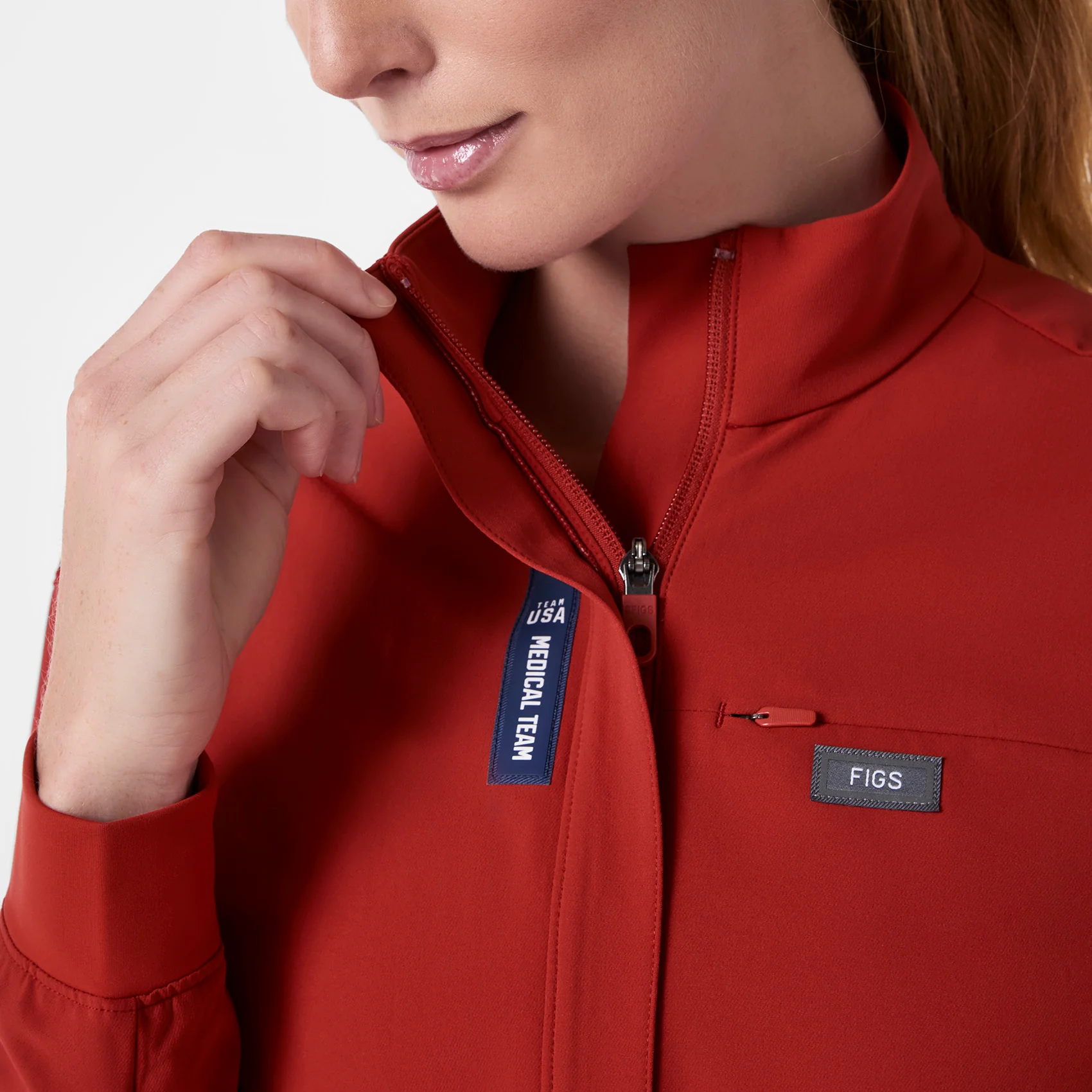 women's Team USA Red FIGS x Team USA FIBREx Mock Neck Wide Leg - Petite Longsleeve ScrubJumpsuit™ - Image 5