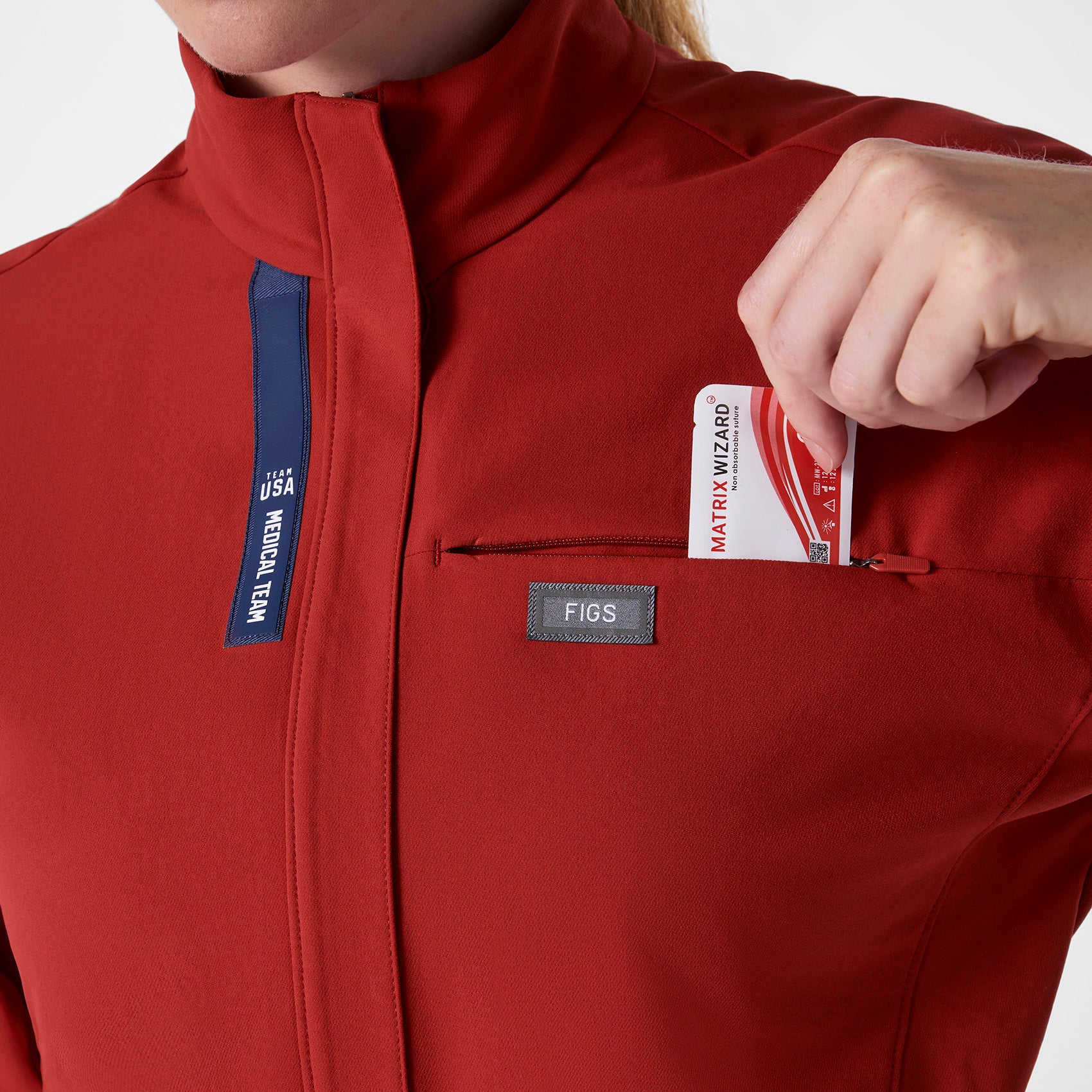 women's Team USA Red FIGS x Team USA FIBREx Mock Neck Wide Leg - Petite Longsleeve ScrubJumpsuit™ - Image 6